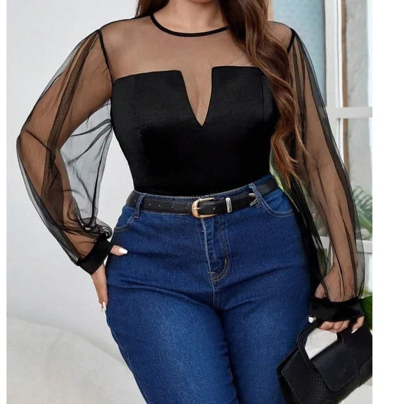 Plus Black Semi Sheer Long Sleeve top - Picture 3 of 5